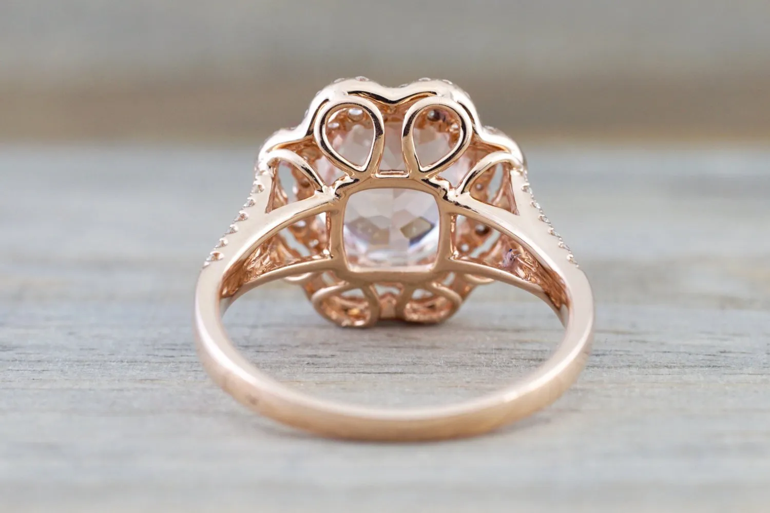 14k Rose Gold Oval Morganite Diamond Double Halo Engagement Ring Vintage Crown Dainty