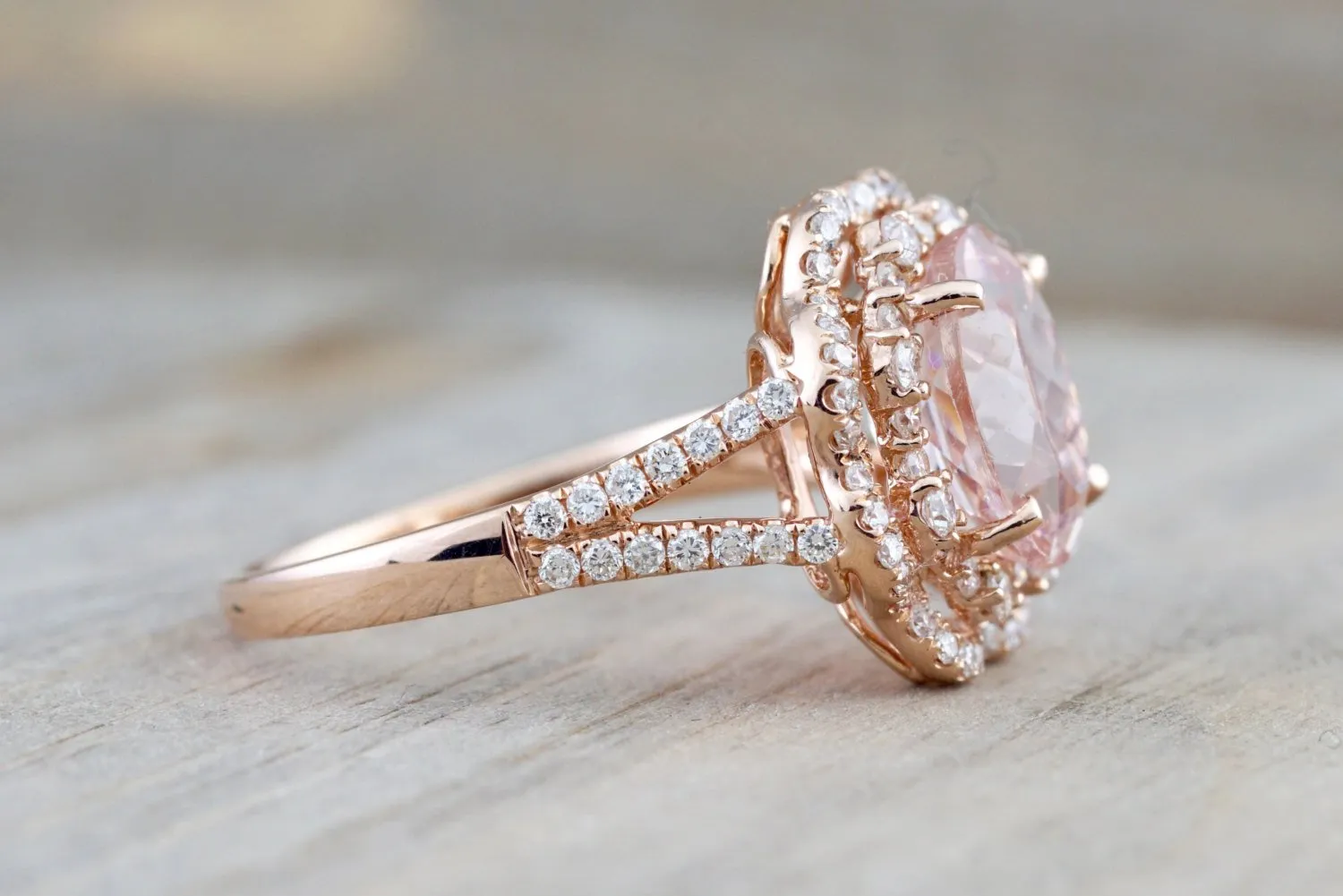 14k Rose Gold Oval Morganite Diamond Double Halo Engagement Ring Vintage Crown Dainty