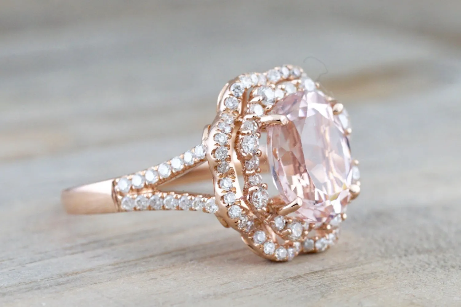 14k Rose Gold Oval Morganite Diamond Double Halo Engagement Ring Vintage Crown Dainty