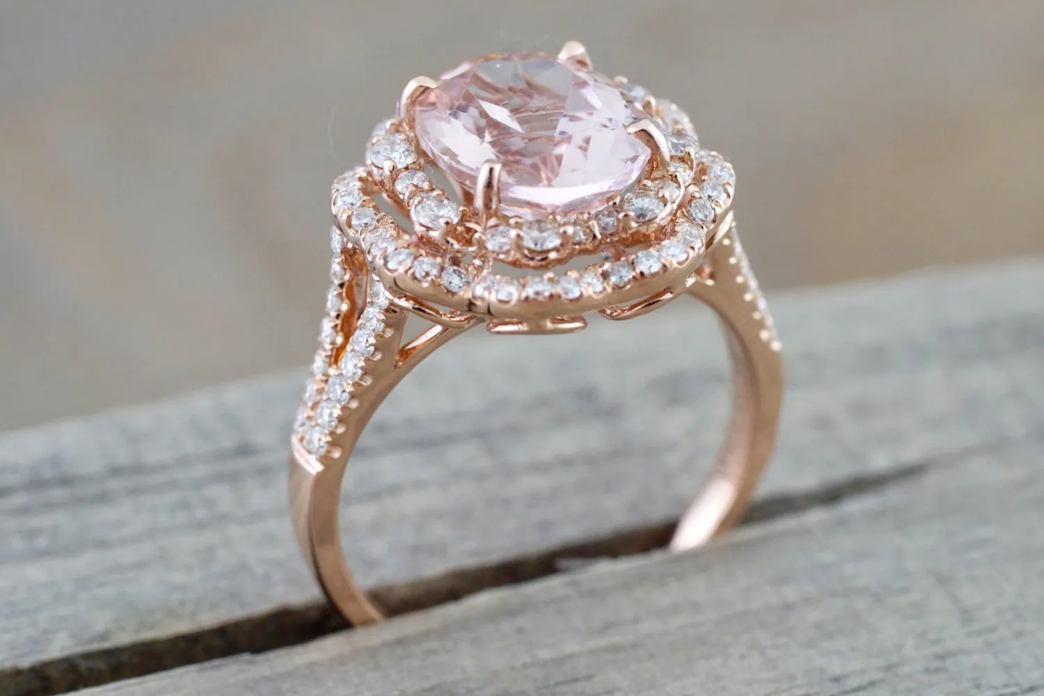 14k Rose Gold Oval Morganite Diamond Double Halo Engagement Ring Vintage Crown Dainty