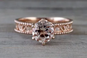 14k Rose Gold Round Morganite Diamond Ring Crown Vintage Design