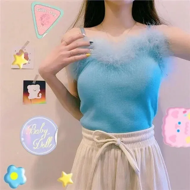 90s-Princess Feather Pastel Kawaii Aesthetic Knit Top MK18534