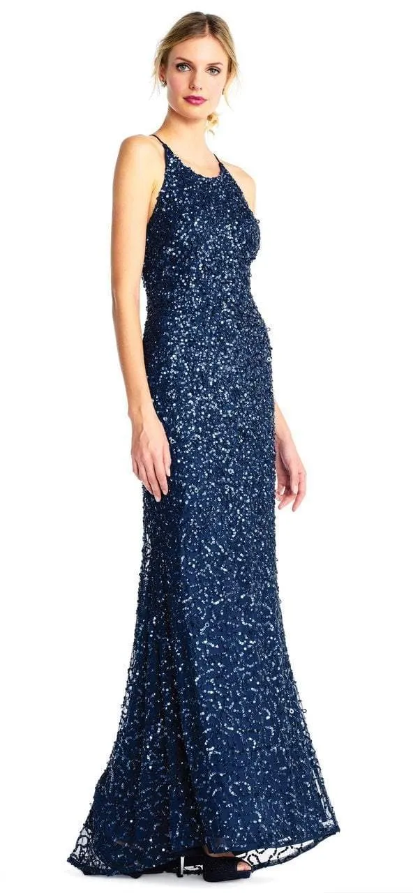 Adrianna Papell - Cross-Stringed Back Sequined Halter Gown AP1E202438 - 1 pc Deep Blue In Size 16 Available