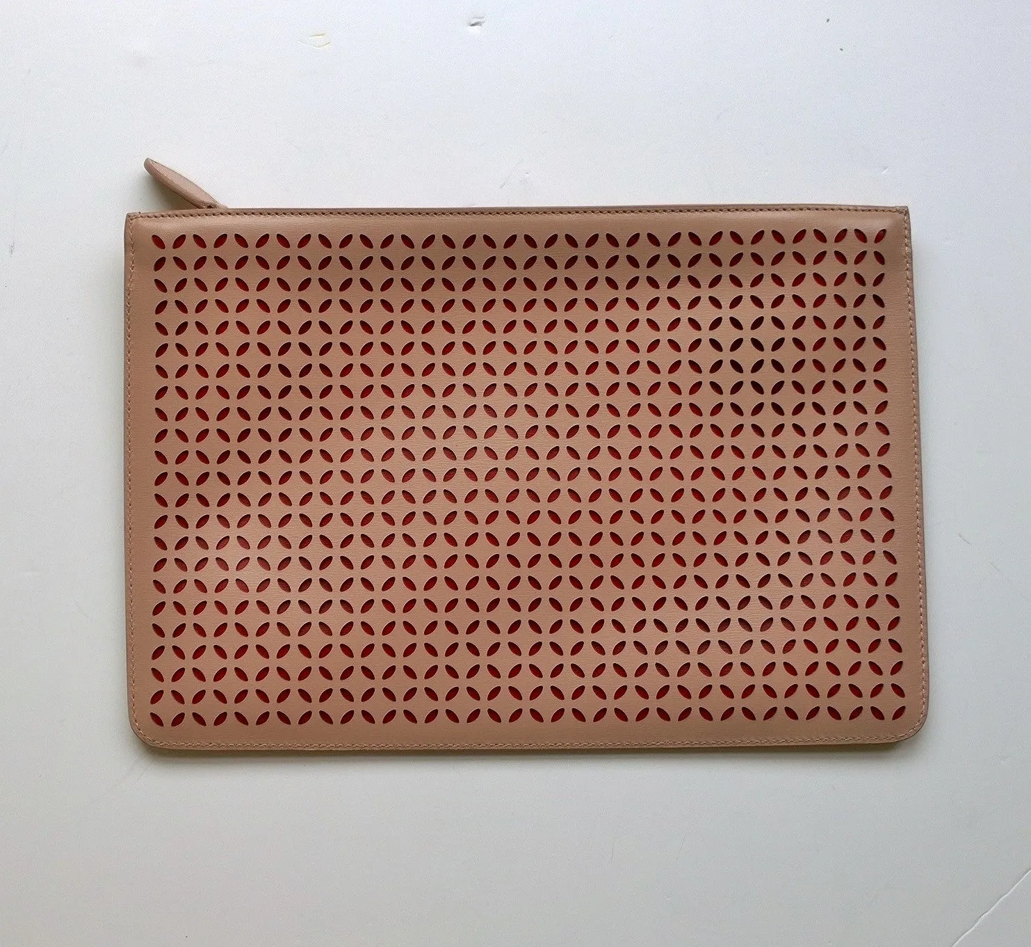 Alaia Arabesque Leather Laser Cutout clutch bag in beige nude and red purse