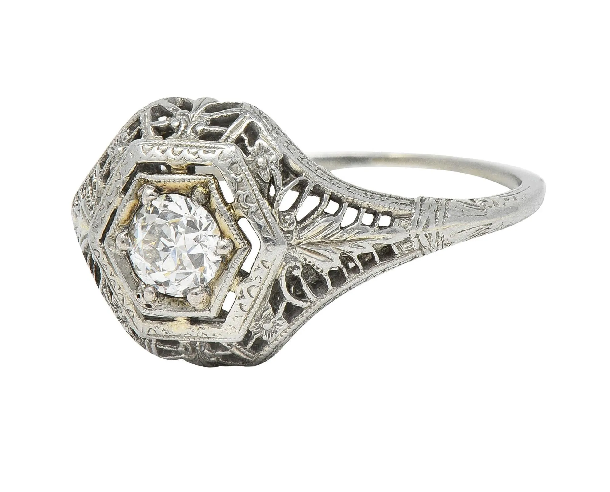 Art Deco 0.35 CTW Old European Cut Diamond Platinum Floral Vintage Engagement Ring