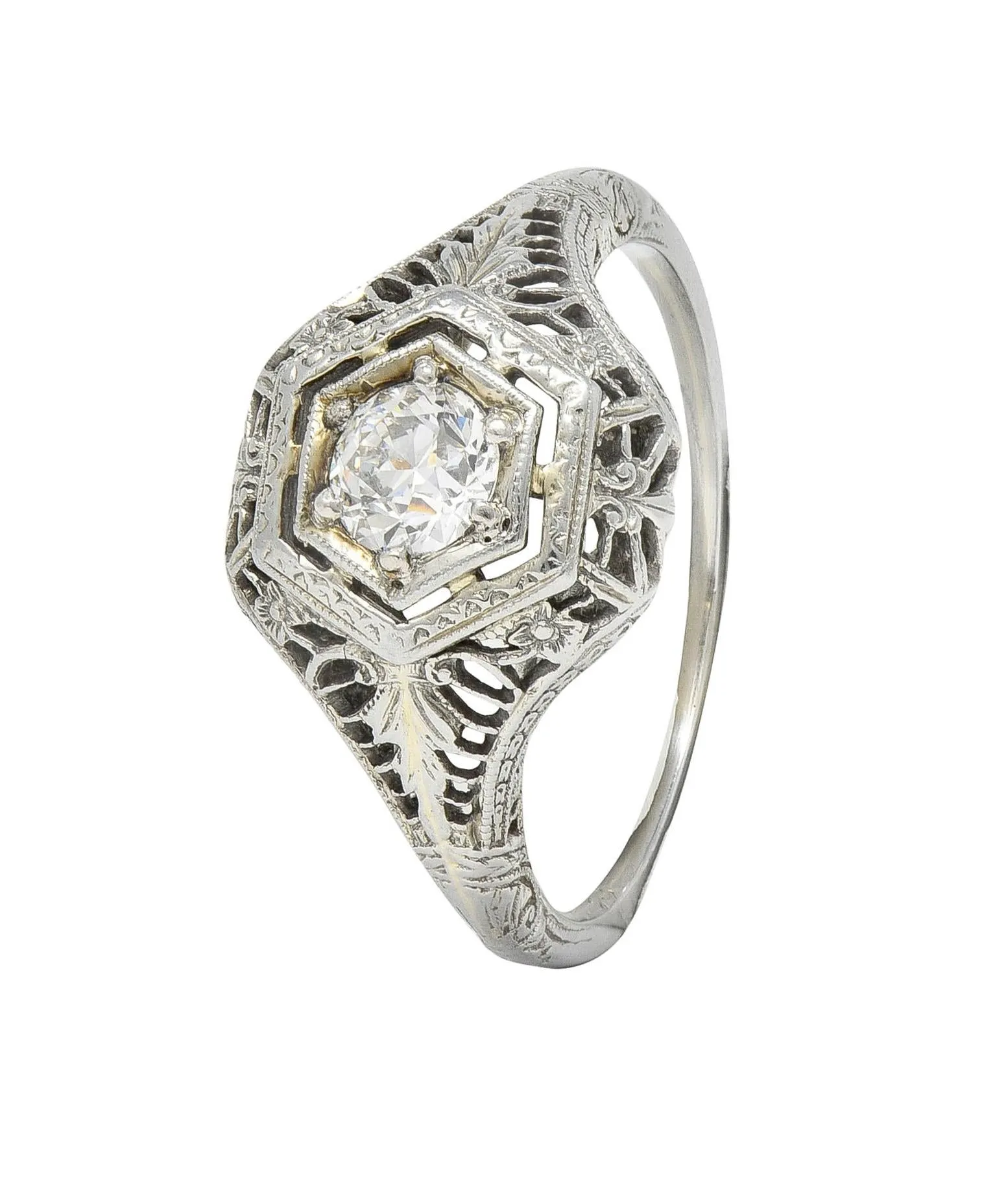 Art Deco 0.35 CTW Old European Cut Diamond Platinum Floral Vintage Engagement Ring