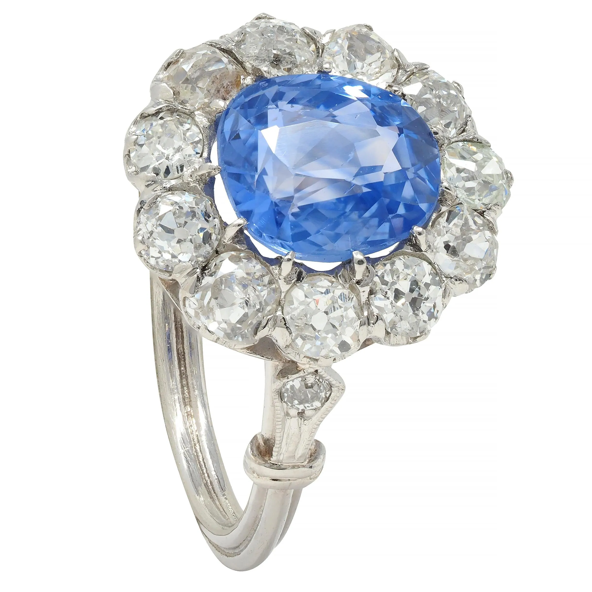 Art Deco 4.14 CTW No Heat Ceylon Sapphire Diamond Platinum Vintage Pear Halo Ring GIA