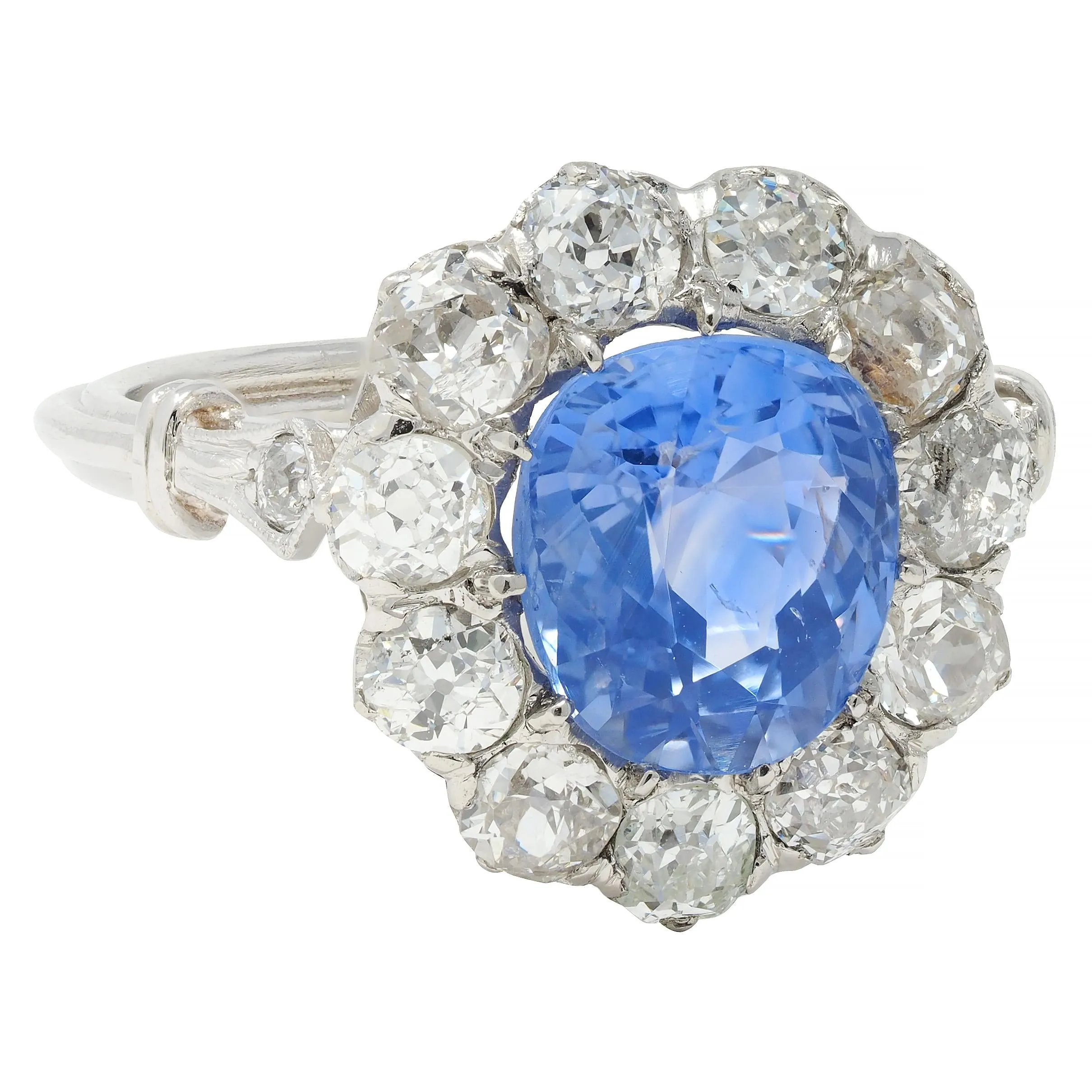 Art Deco 4.14 CTW No Heat Ceylon Sapphire Diamond Platinum Vintage Pear Halo Ring GIA