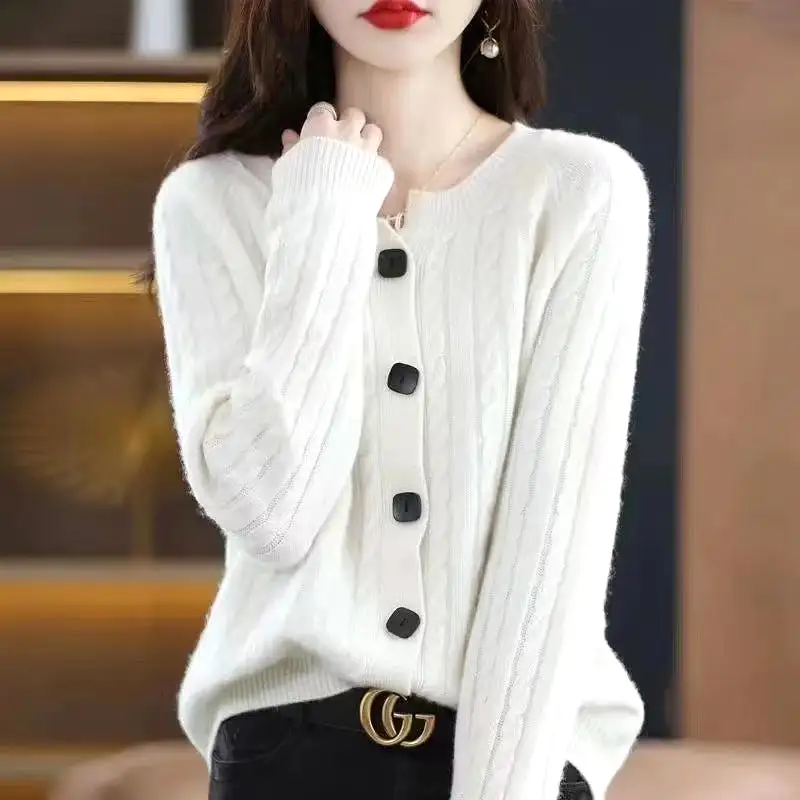 Autumn Short All-match Twist Cardigan Round Neck Loose Sweater Coat Knitted Long Sleeves Outer Match Thick