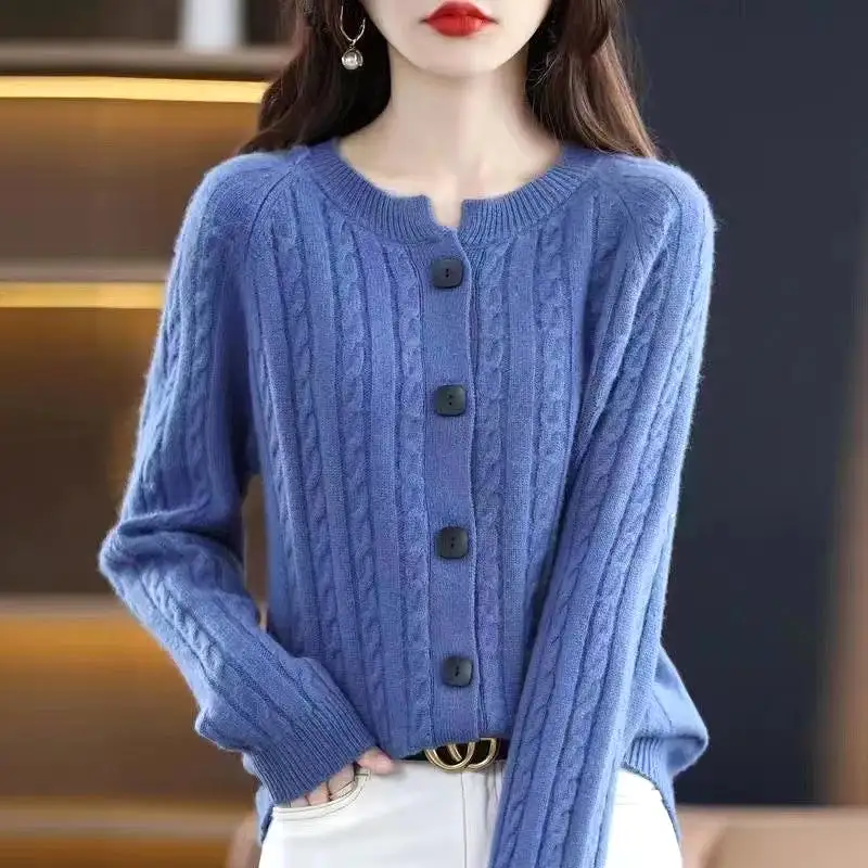 Autumn Short All-match Twist Cardigan Round Neck Loose Sweater Coat Knitted Long Sleeves Outer Match Thick