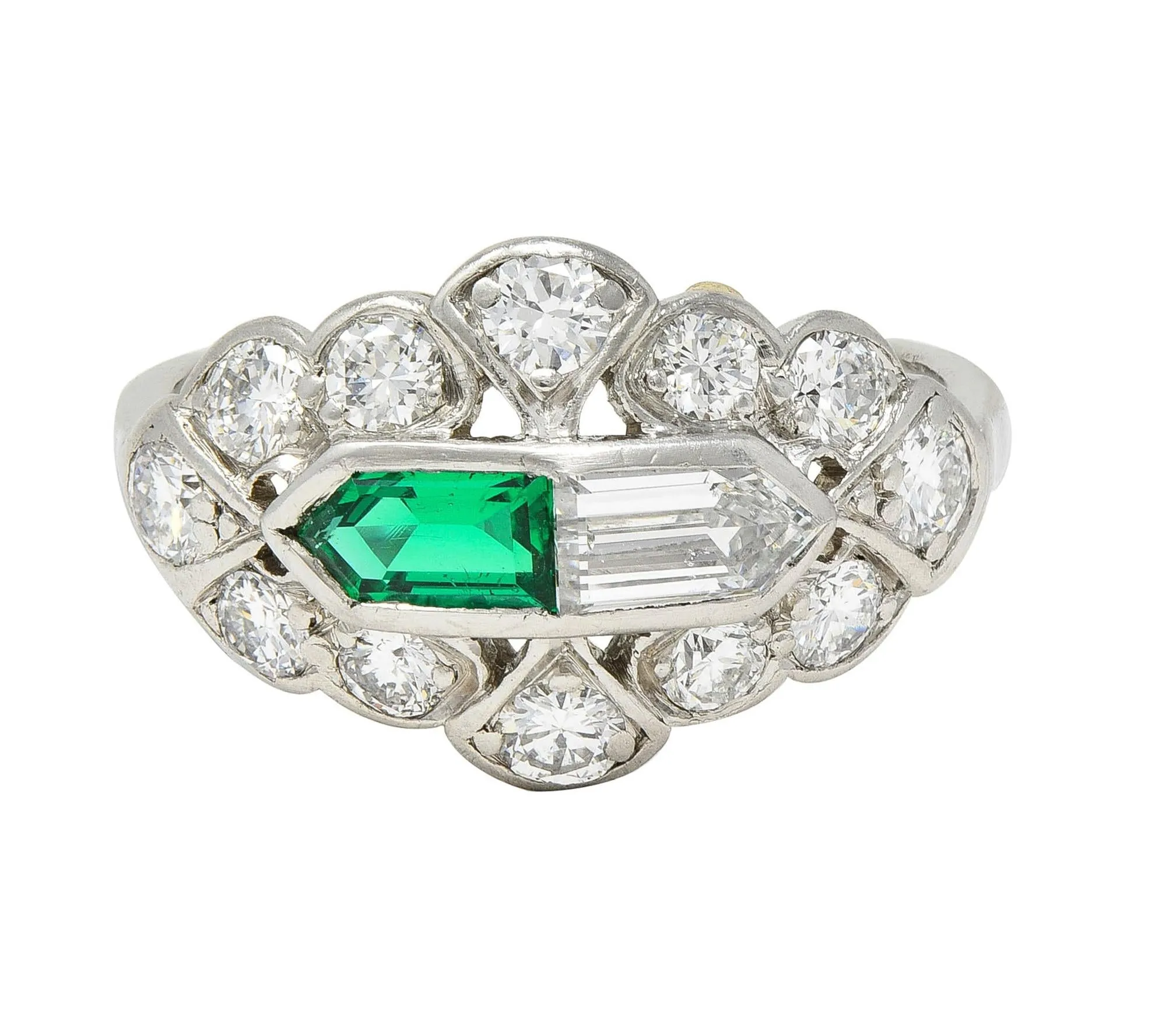 Birks Art Deco 1.20 CTW Emerald Diamond Platinum Cluster Vintage Dinner Ring