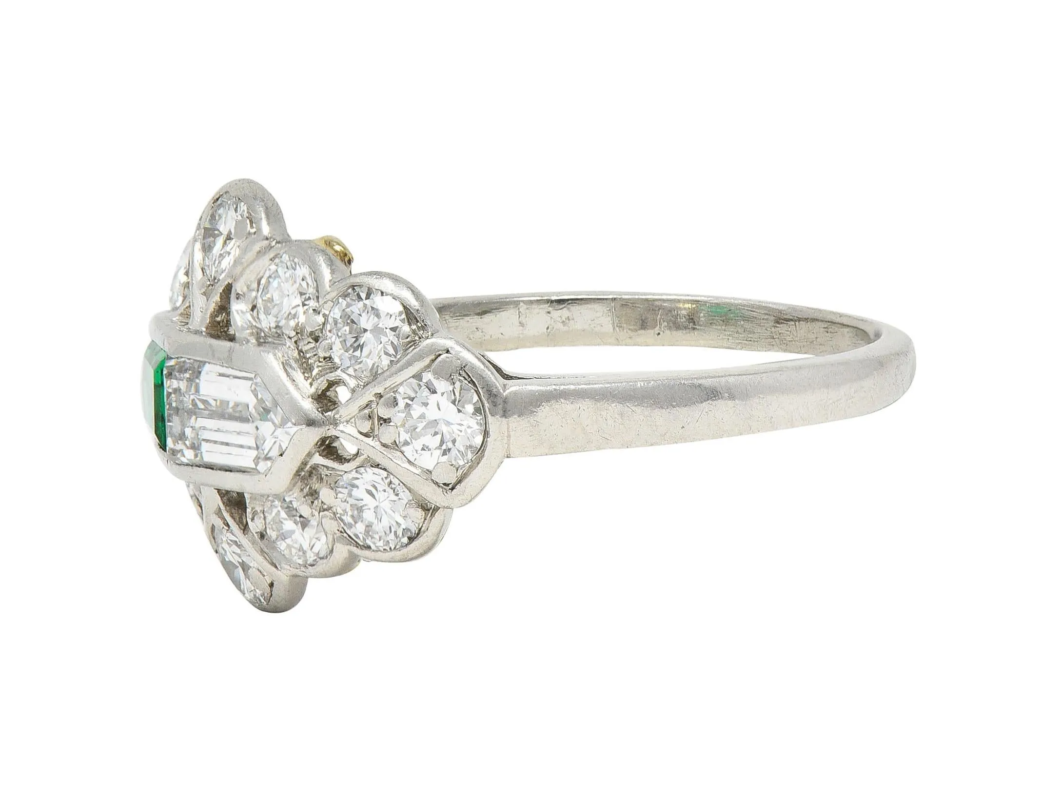 Birks Art Deco 1.20 CTW Emerald Diamond Platinum Cluster Vintage Dinner Ring