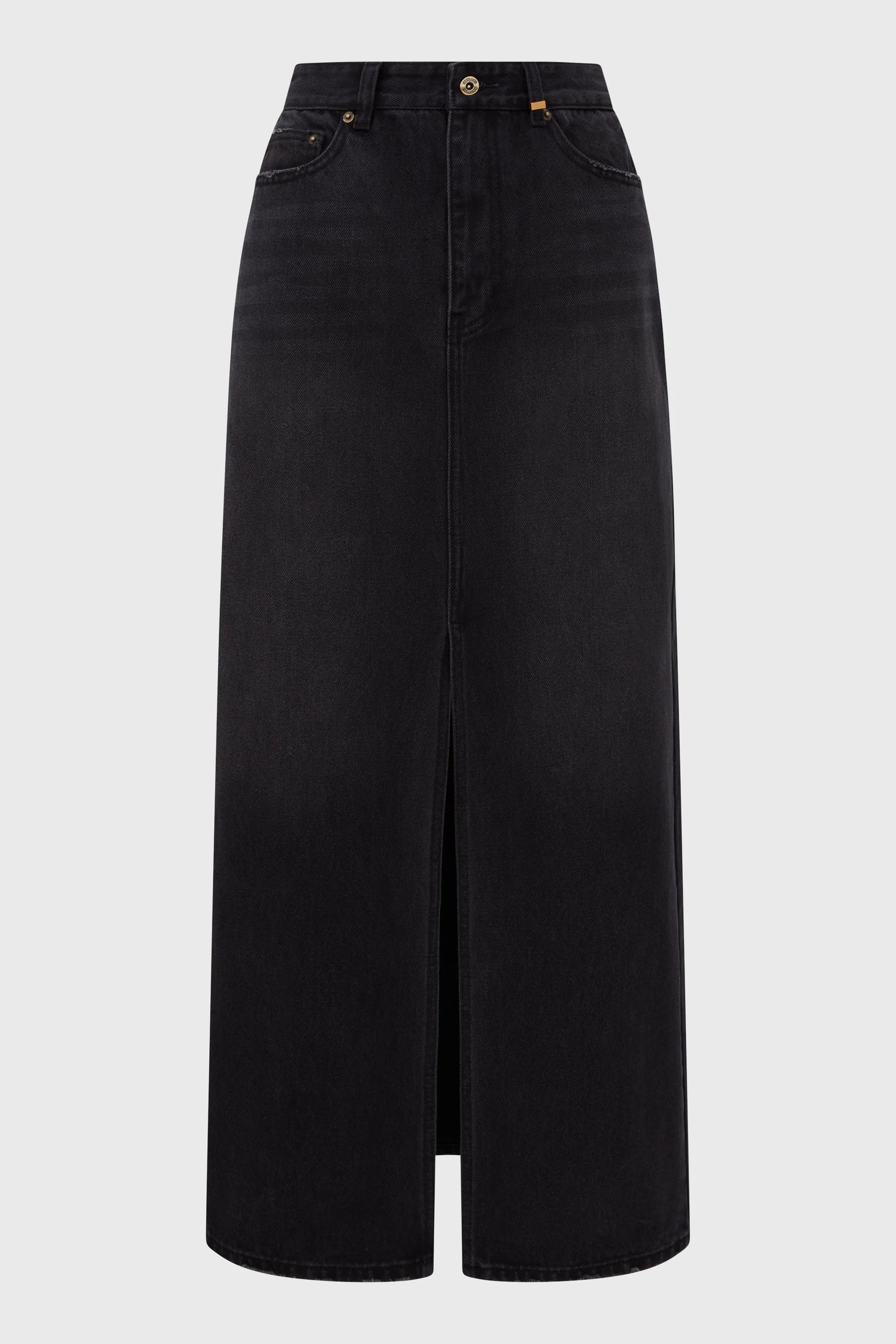 BLACK WASHED LONG DENIM SKIRT