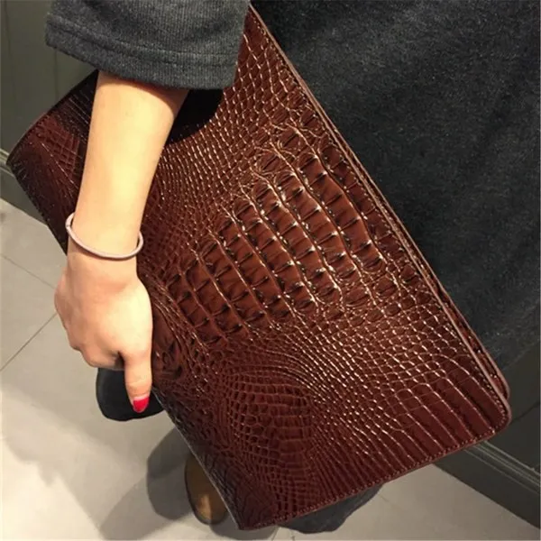 Brown Crocodile Leather Punk Rock Oversized Envelope Clutch Bag Purse