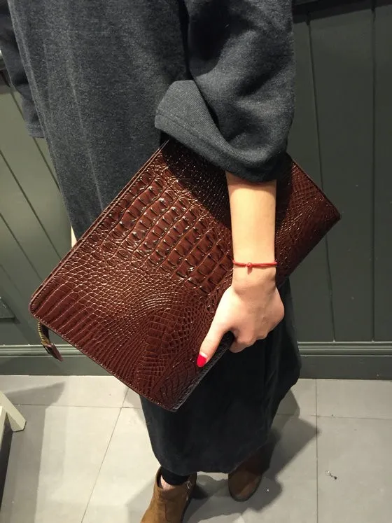 Brown Crocodile Leather Punk Rock Oversized Envelope Clutch Bag Purse