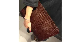 Brown Crocodile Leather Punk Rock Oversized Envelope Clutch Bag Purse