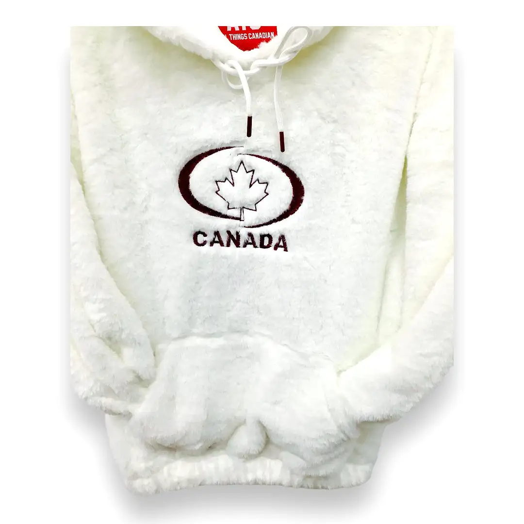 Canada SOUVENIR Women Faux Fur Hoodie with Canada Maple Leaf Embroidery Front.