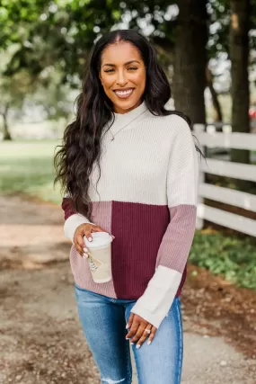 Charmed Life Color Block Sweater- Ivory, Mauve Purple, & Burgundy