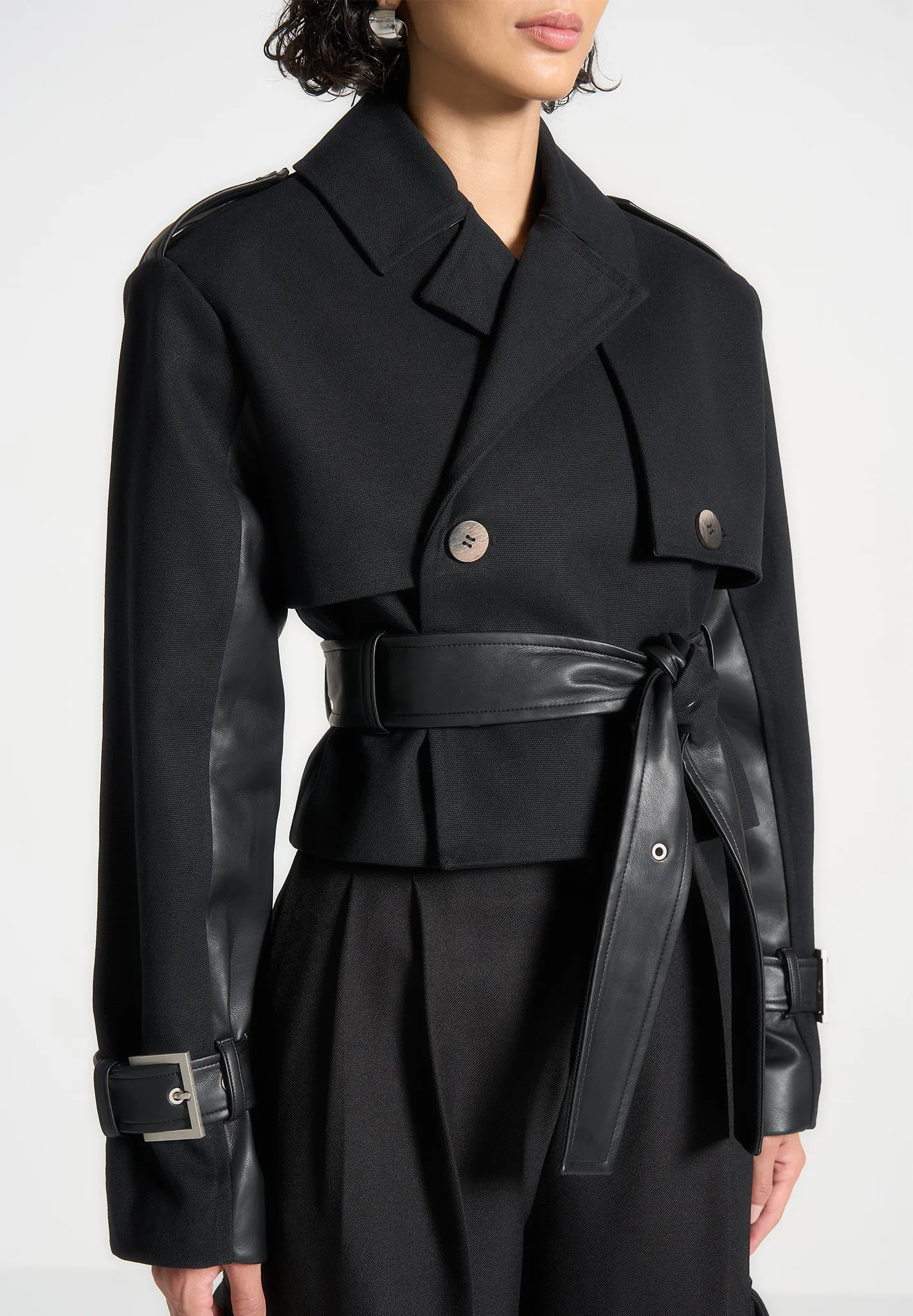 Cropped Trench Coat with Belt - Black