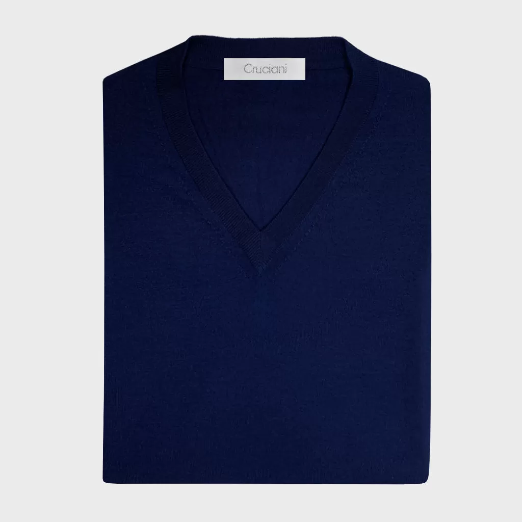 Cruciani Men's V-neck Sweater Cashmere & Silk Marino Blue