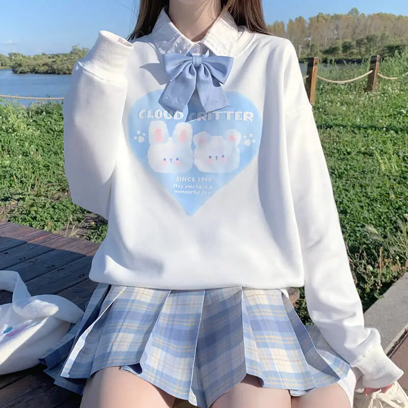 Cute sweet bear rabbit print loose round neck Pullover hoodie BY900036