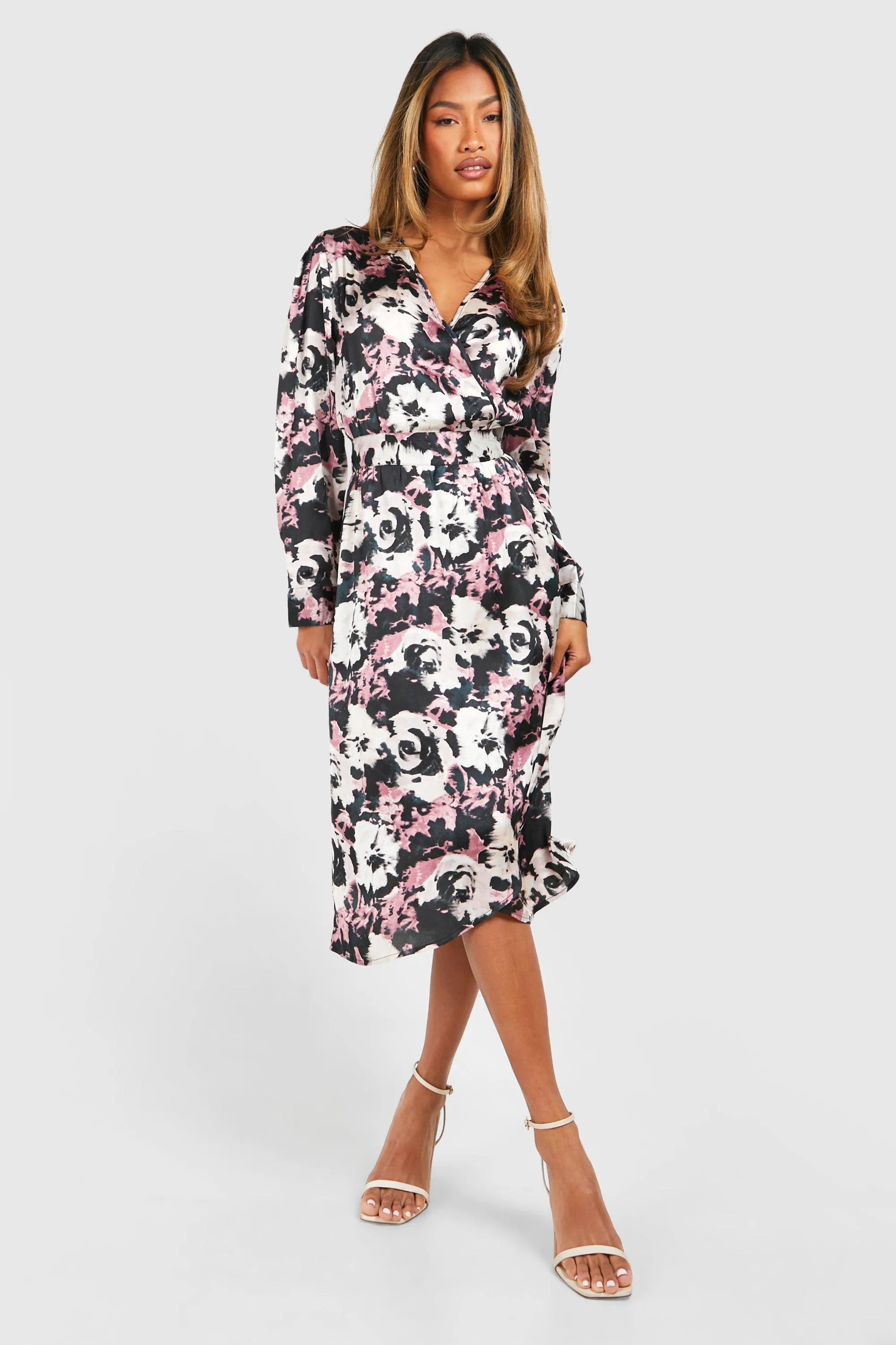 Dark Floral Satin Wrap Midi Dress