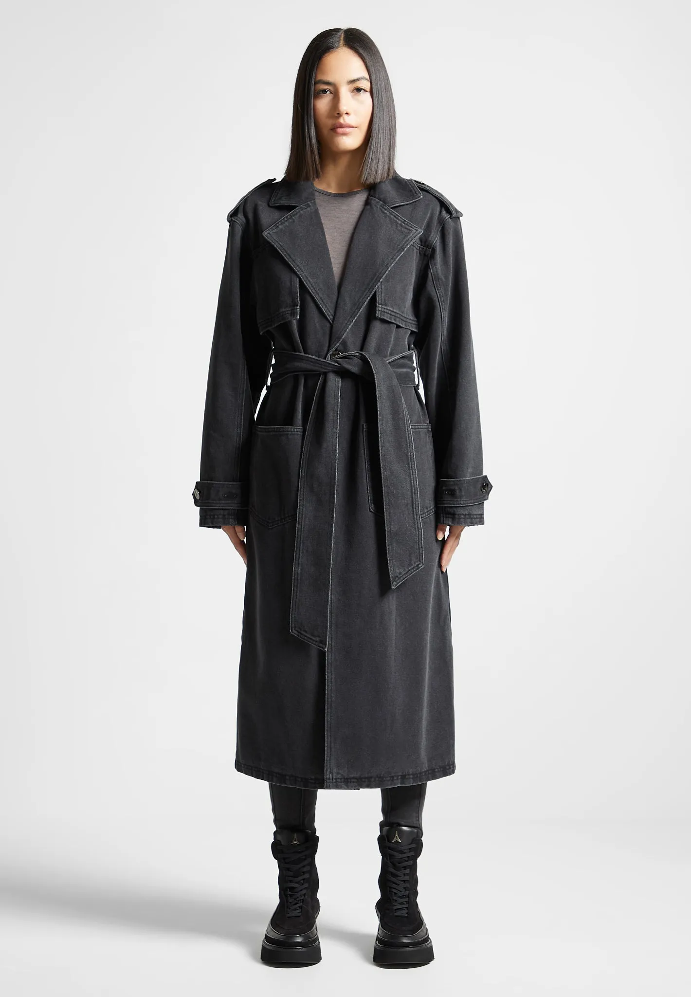 Denim Trench Coat - Washed Black