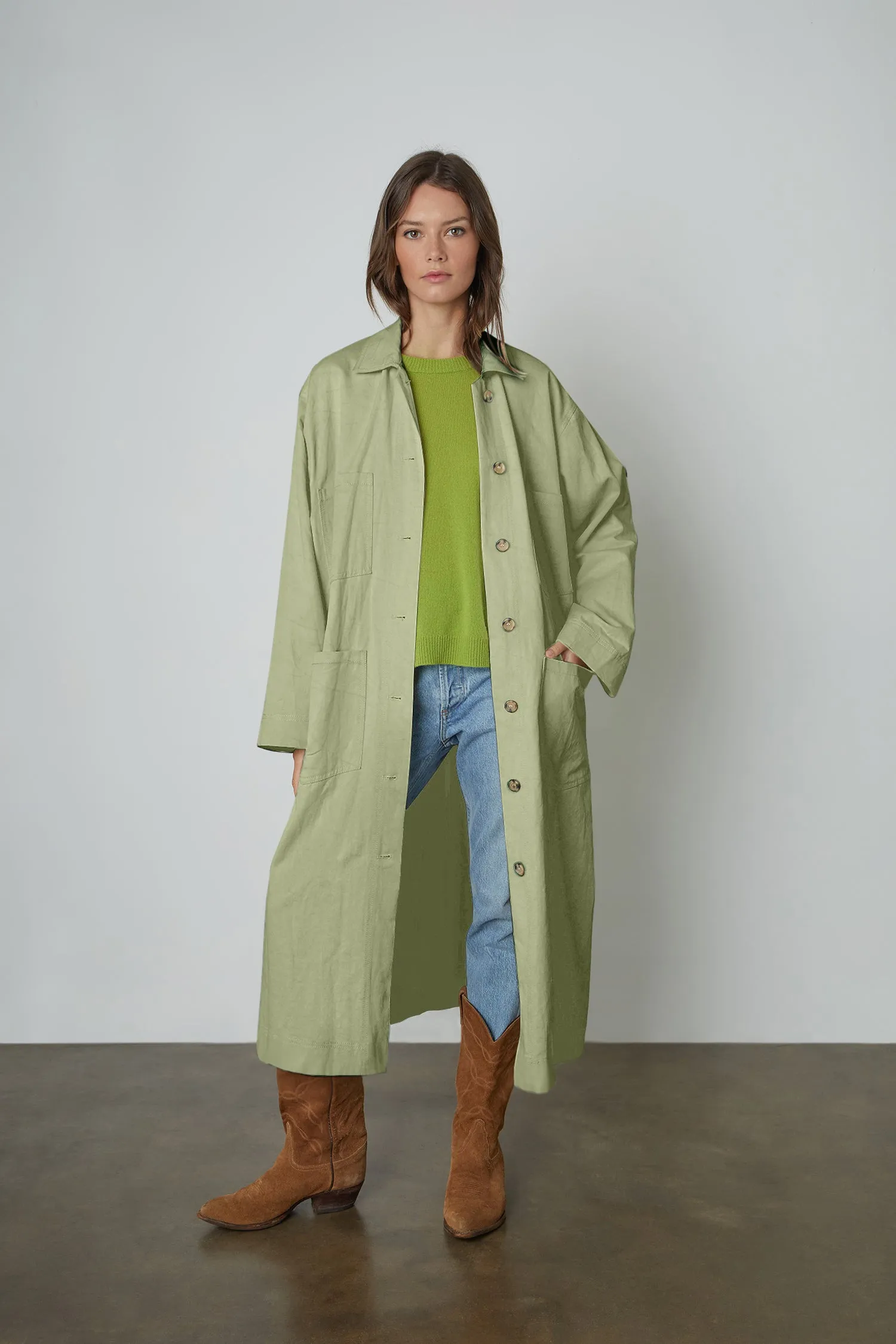 ELAINE SANDED TWILL COAT IN MOSS