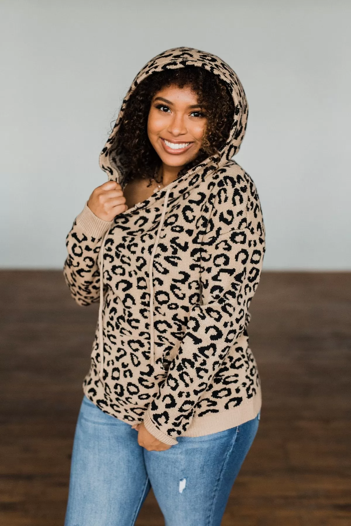 Fierce & Fabulous Knit Drawstring Hoodie- Neutral Cheetah