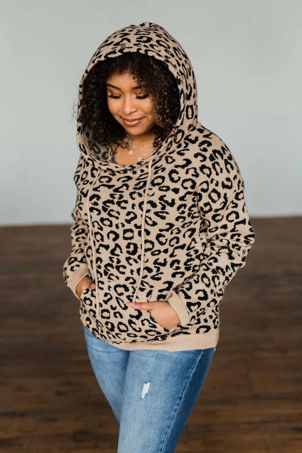 Fierce & Fabulous Knit Drawstring Hoodie- Neutral Cheetah