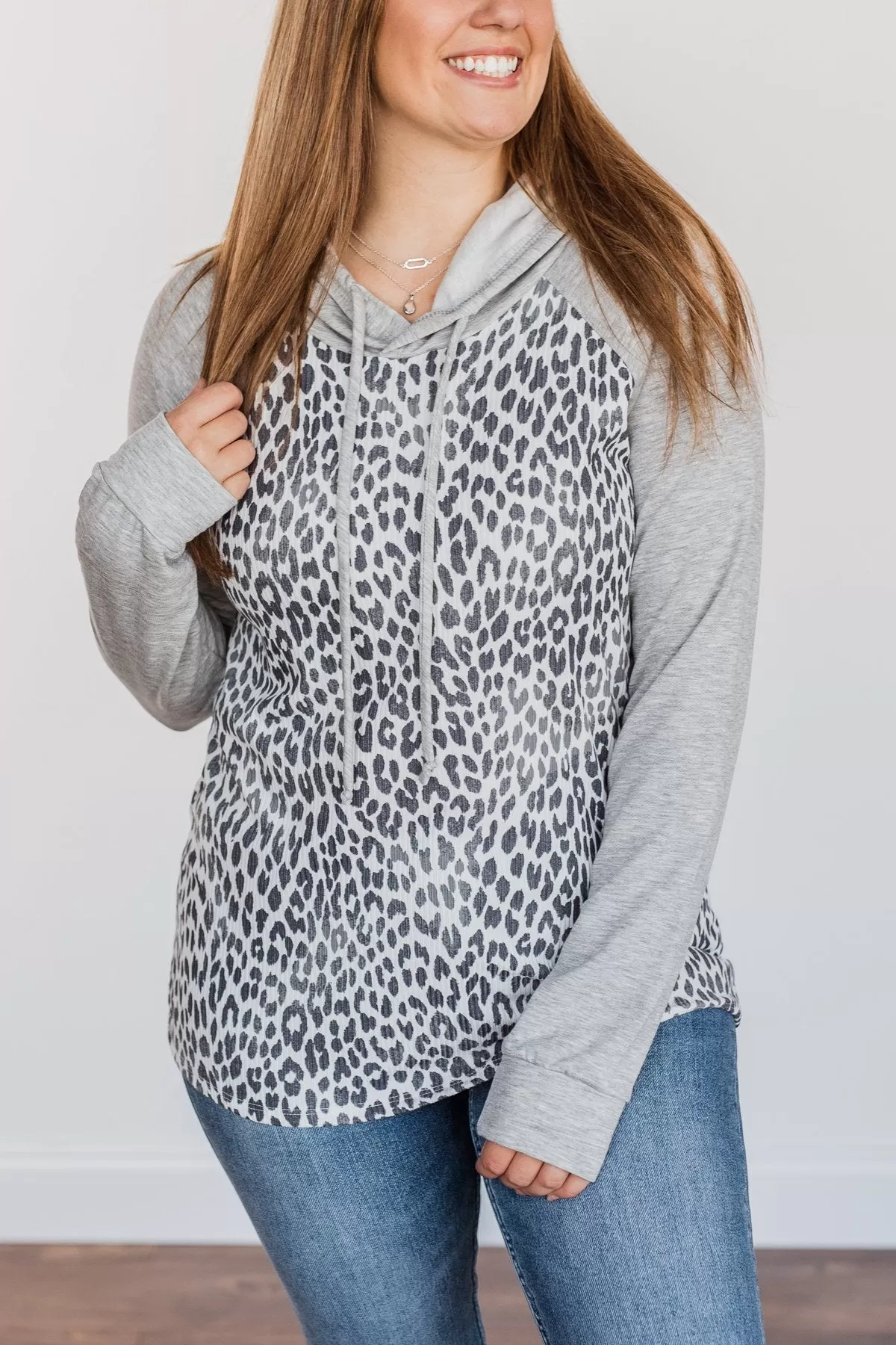 Fiercely Fabulous Leopard Drawstring Hoodie- Light Grey