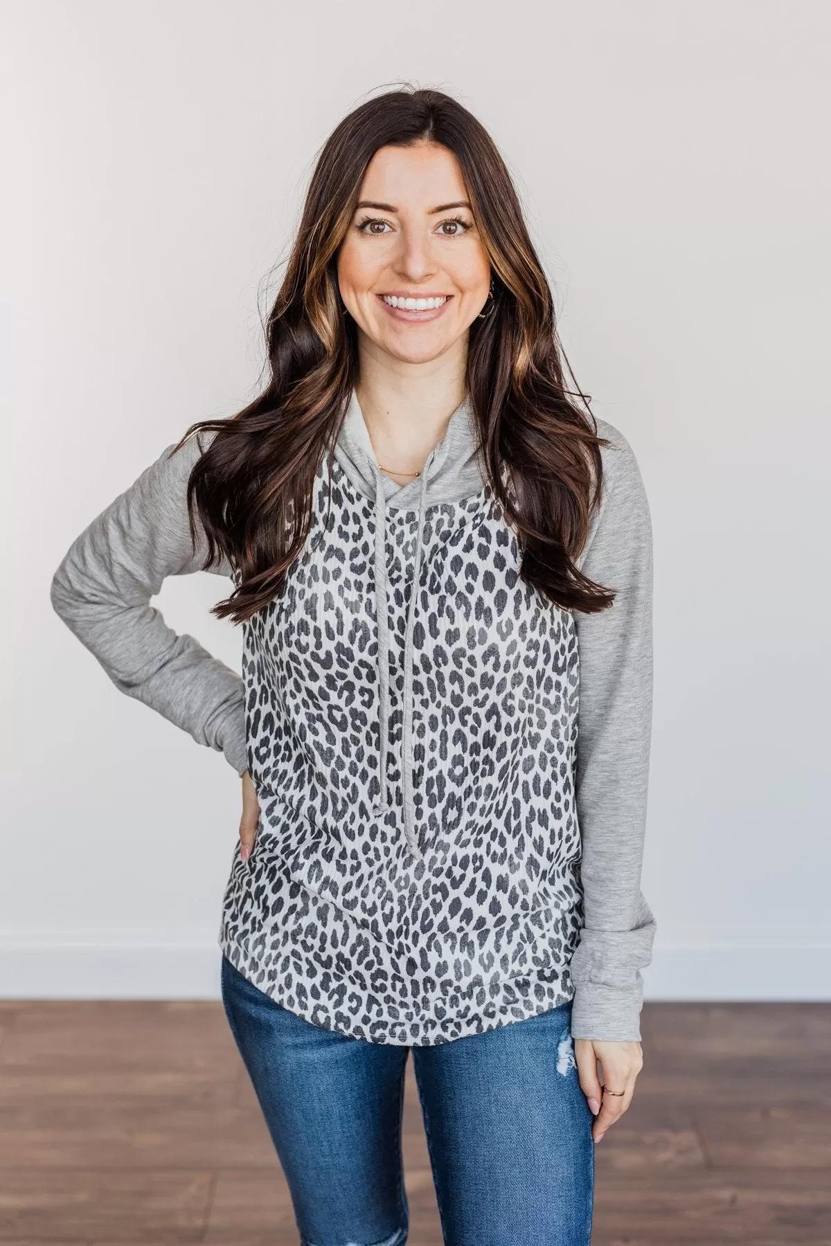 Fiercely Fabulous Leopard Drawstring Hoodie- Light Grey