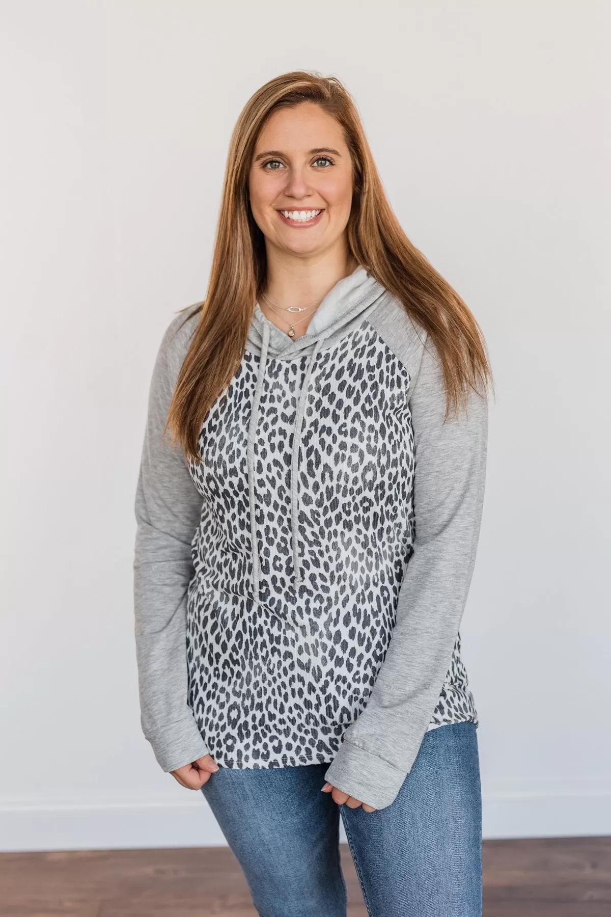 Fiercely Fabulous Leopard Drawstring Hoodie- Light Grey