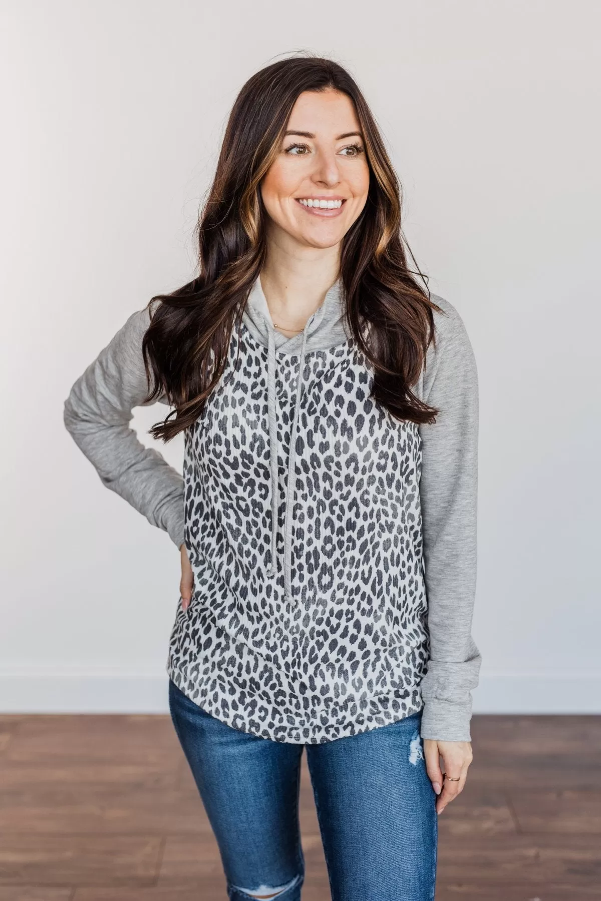 Fiercely Fabulous Leopard Drawstring Hoodie- Light Grey