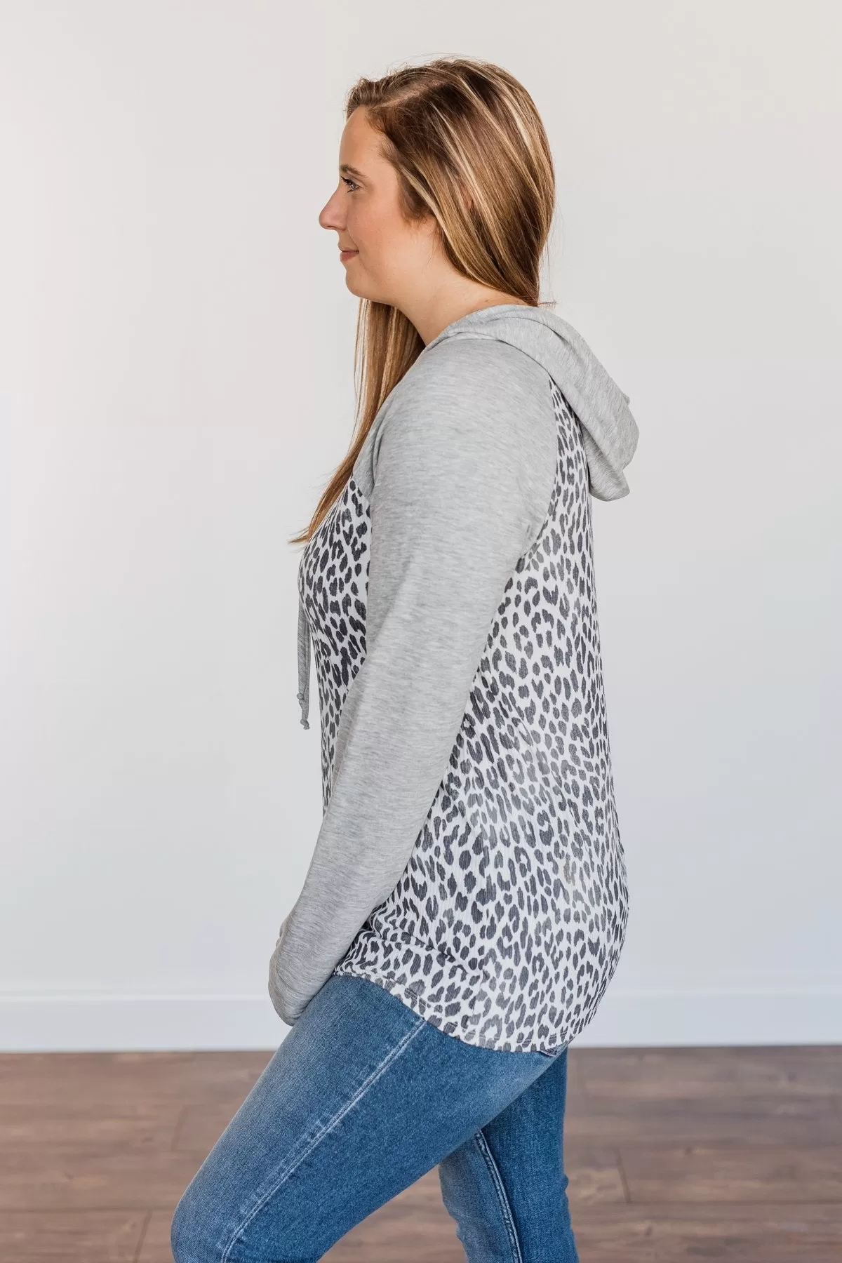 Fiercely Fabulous Leopard Drawstring Hoodie- Light Grey