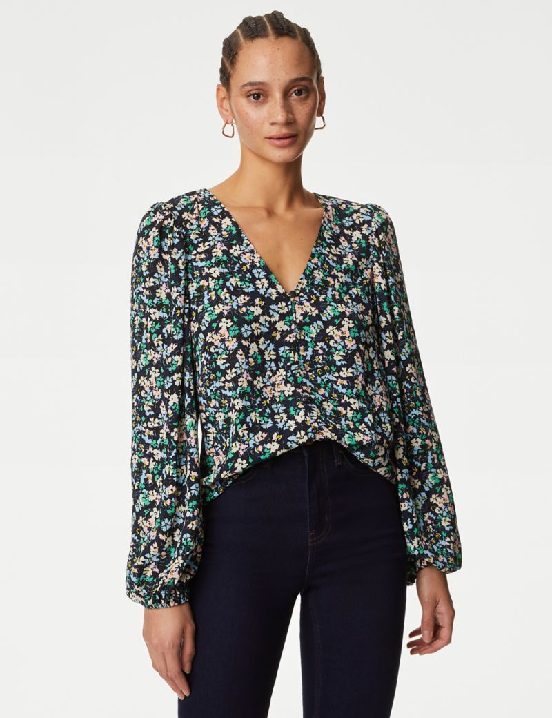 Floral V-Neck Button Detail Blouse