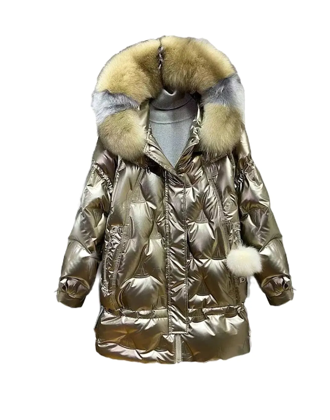 Fox Fur Hoodie Loose Metallic Coat