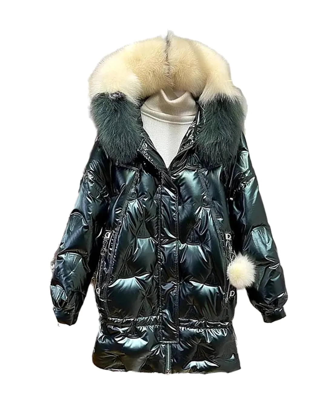 Fox Fur Hoodie Loose Metallic Coat