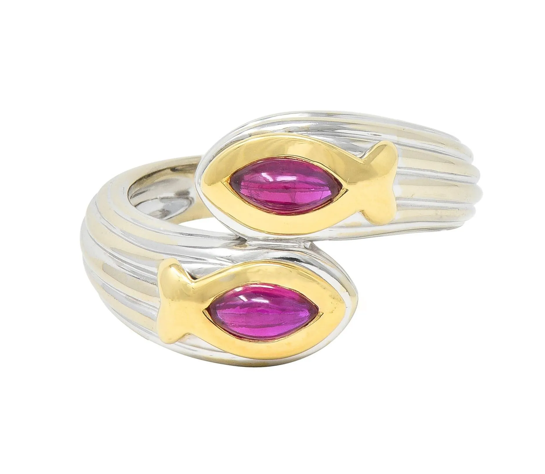 Fred Paris Ruby 18 Karat Two-Tone Gold Fish Pisces Zodiac Vintage Bypass Ring