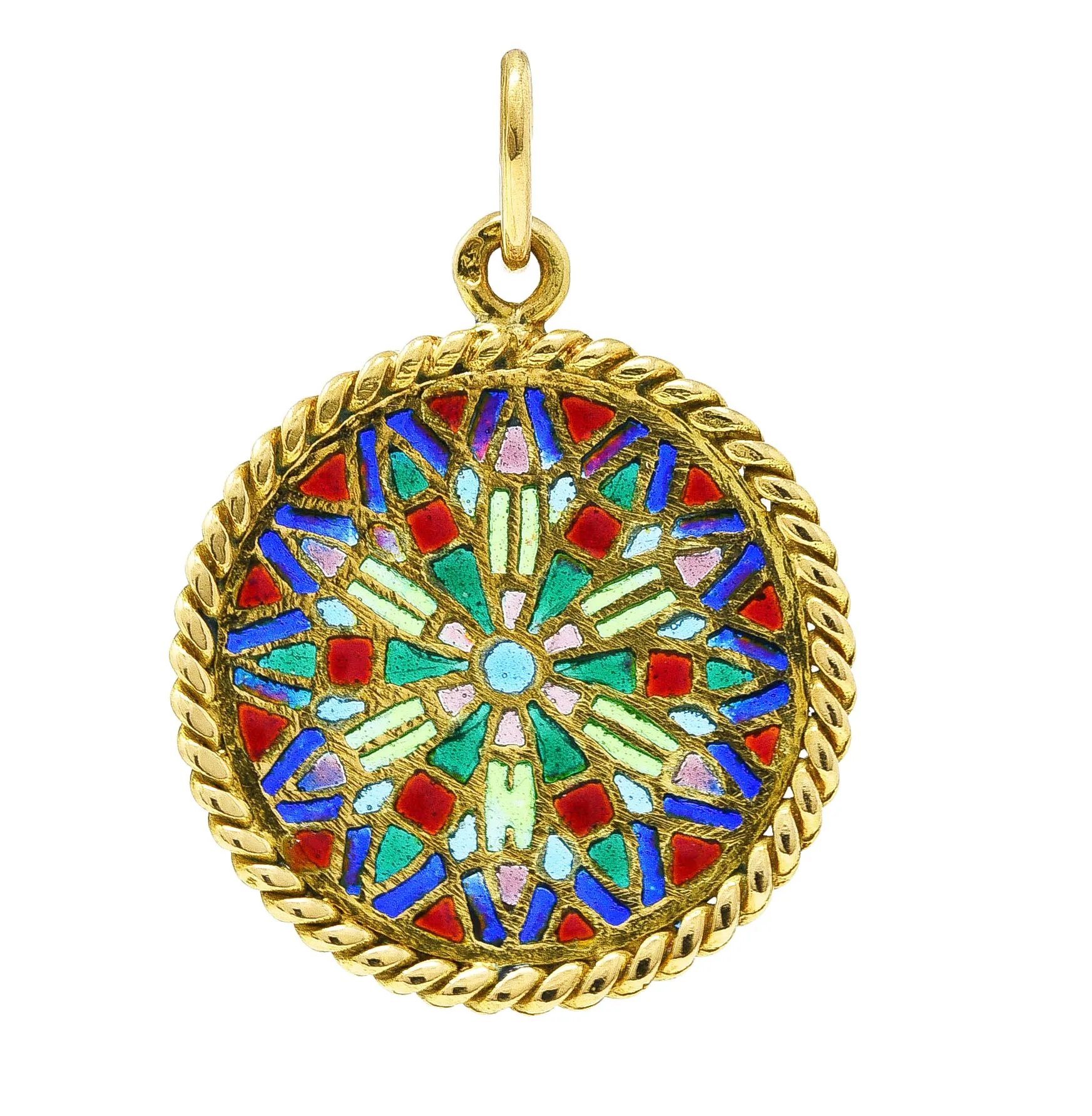 French Vintage Plique-A-Jour Enamel 18 Karat Yellow Gold Rose Window Charm