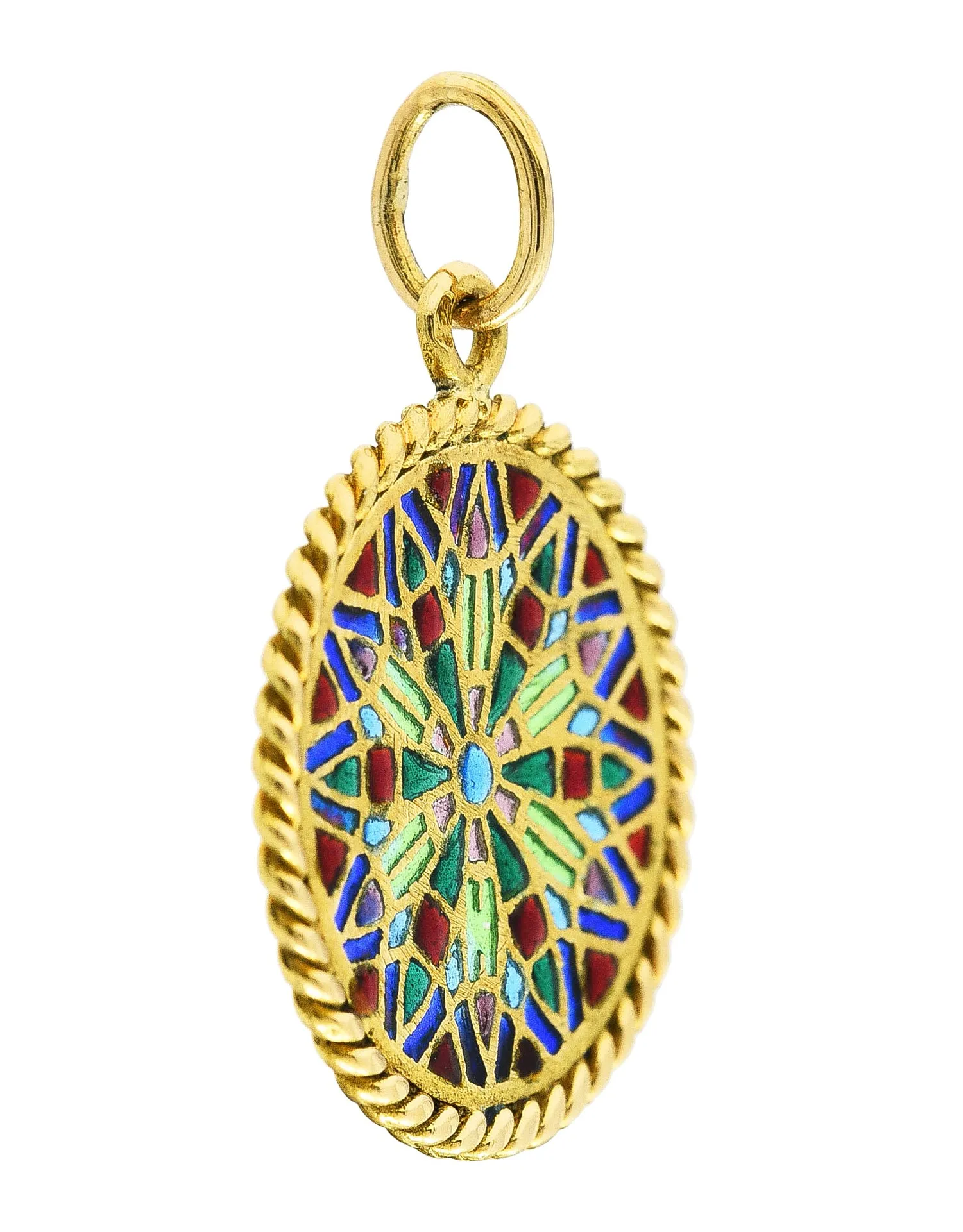 French Vintage Plique-A-Jour Enamel 18 Karat Yellow Gold Rose Window Charm