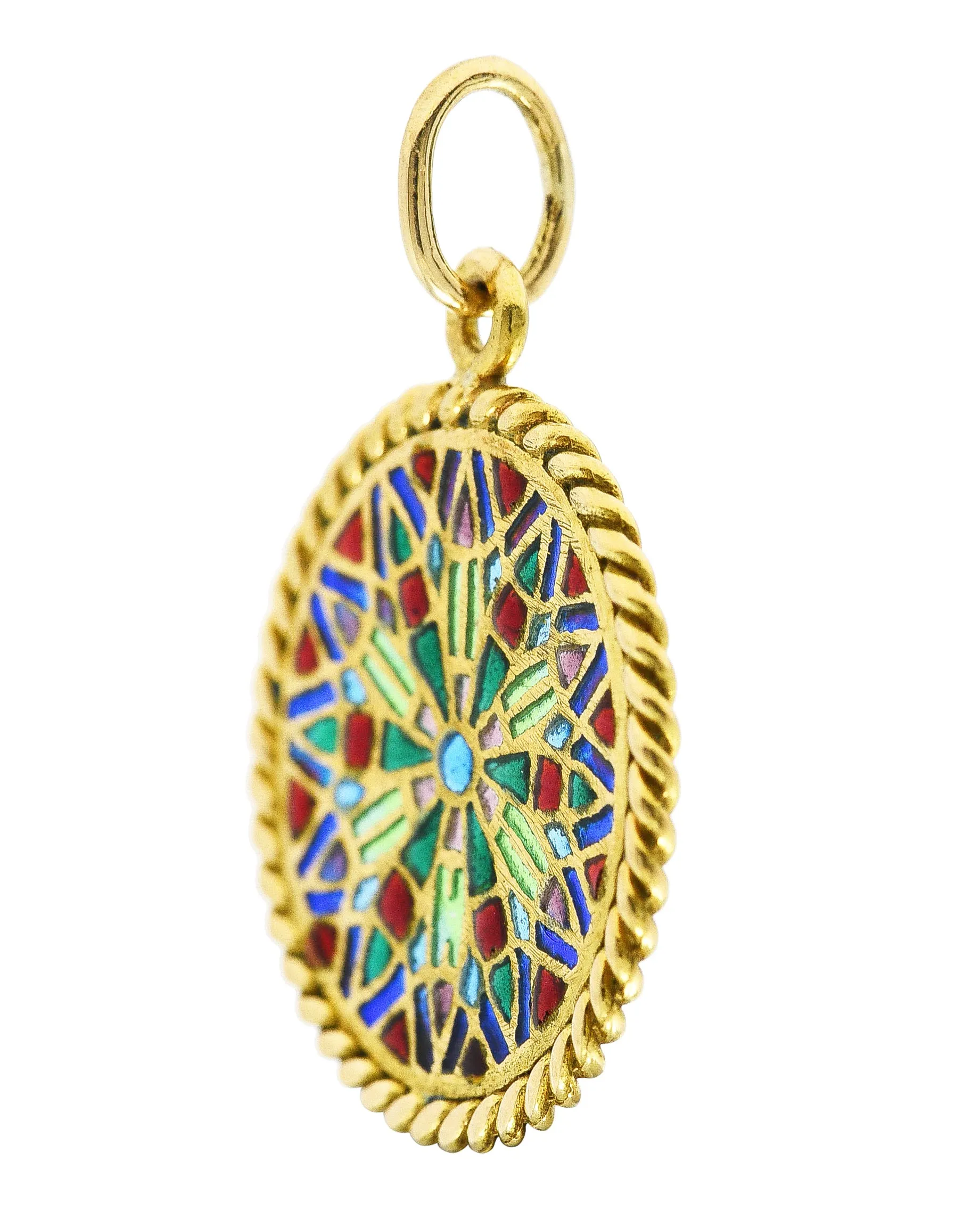 French Vintage Plique-A-Jour Enamel 18 Karat Yellow Gold Rose Window Charm