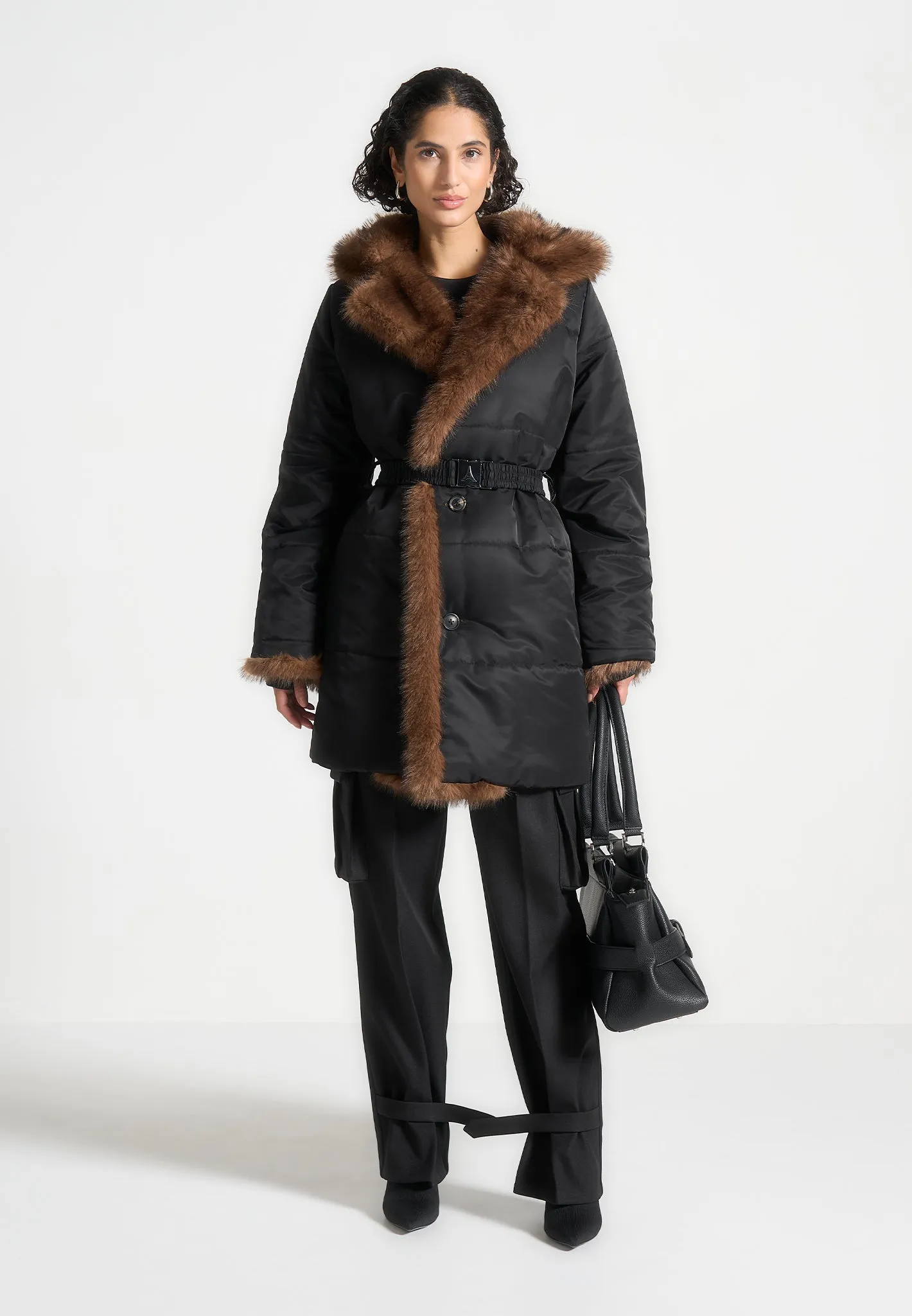 Fur Longline Belted Coat - Black