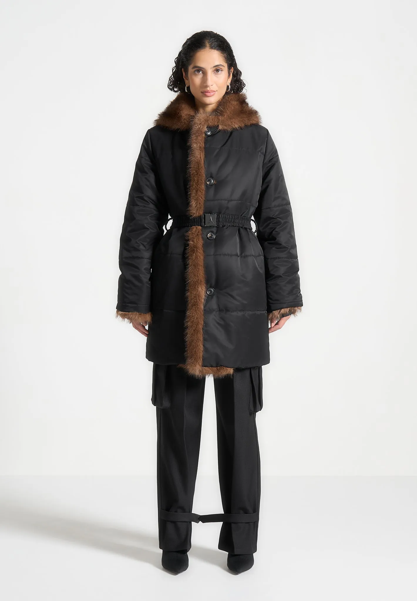 Fur Longline Belted Coat - Black