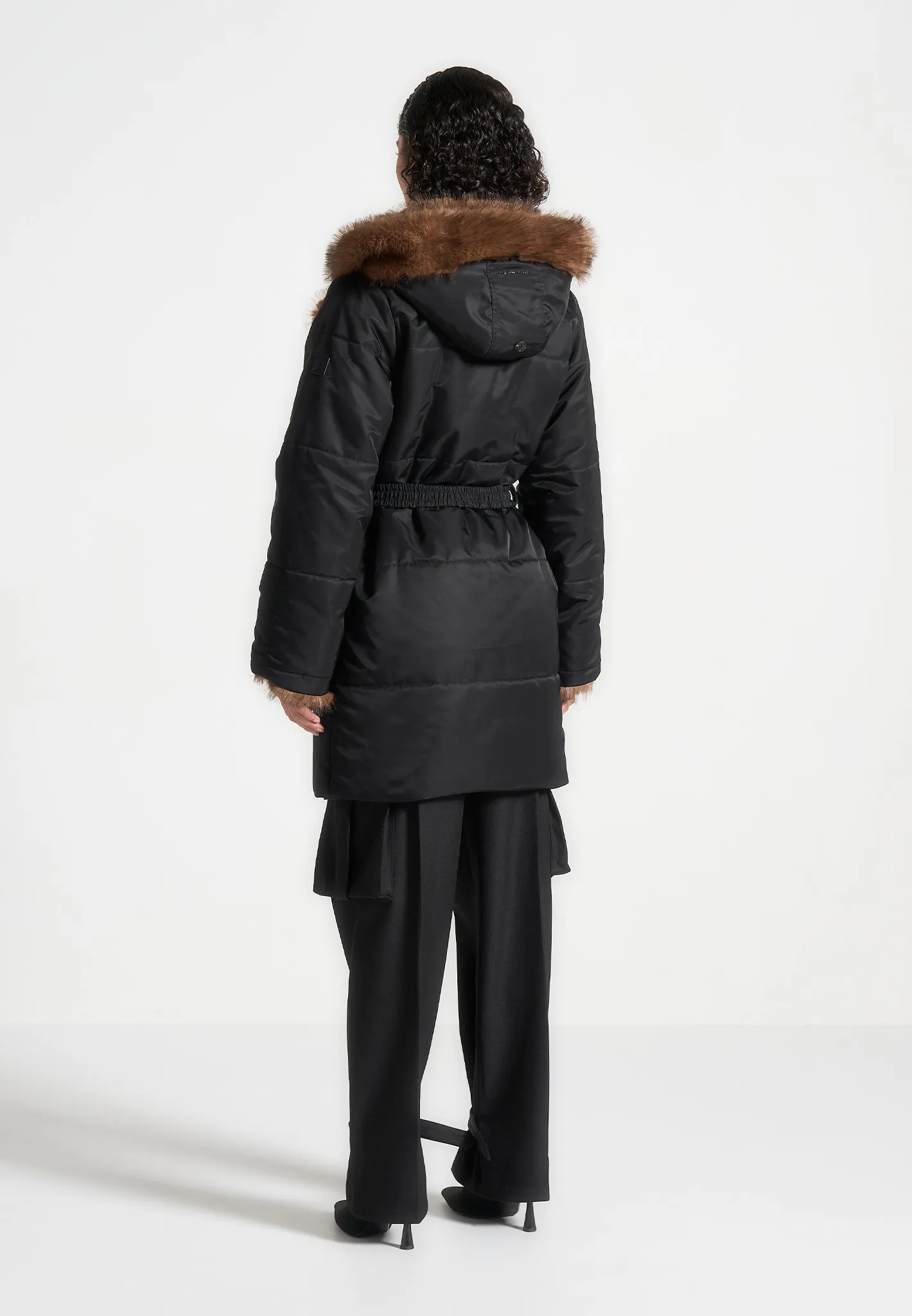 Fur Longline Belted Coat - Black