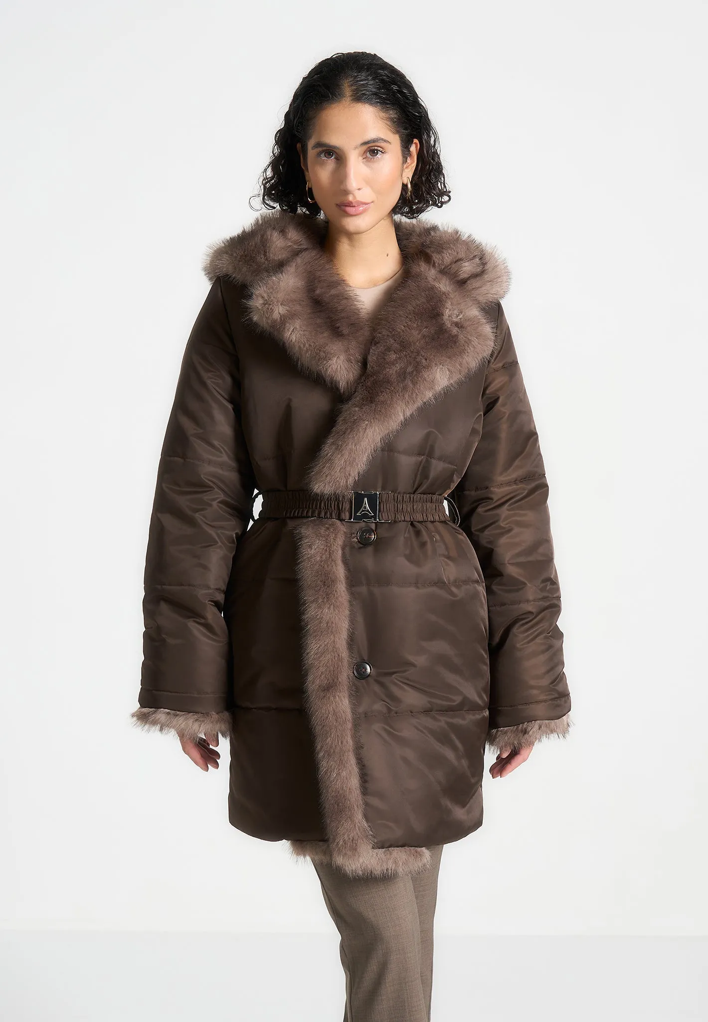 Fur Longline Belted Coat - Brown