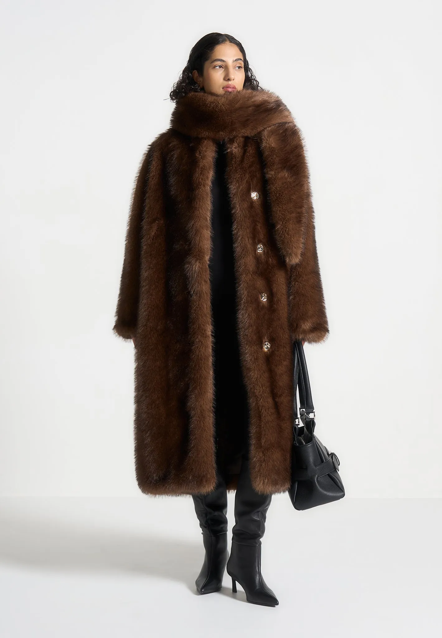 Fur Oversized Coat with Scarf - Brown