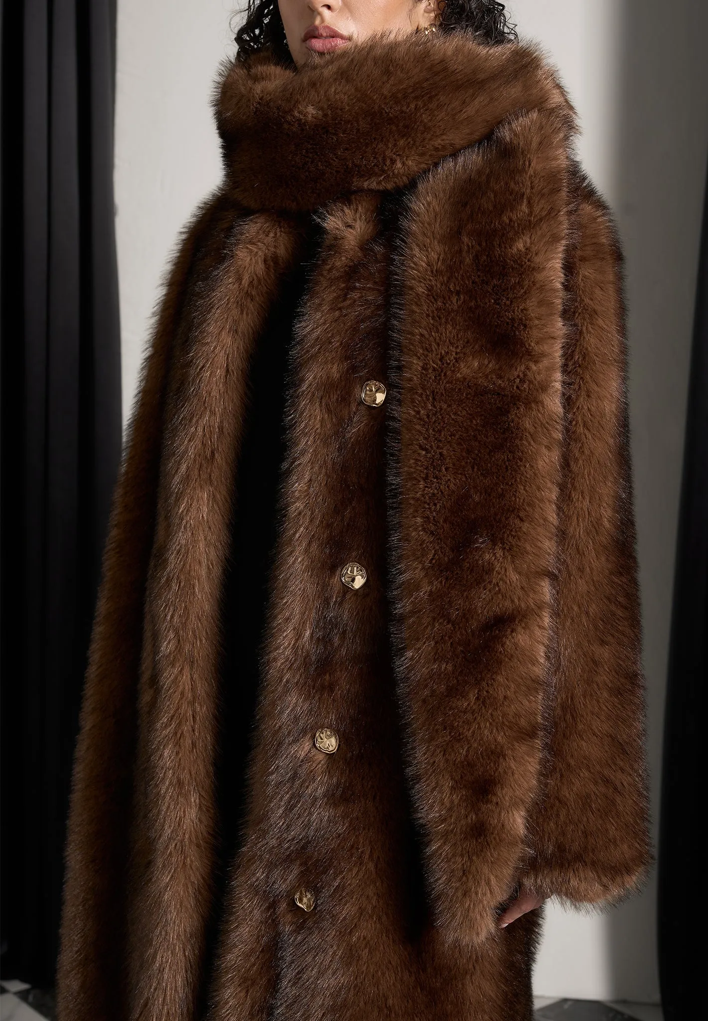 Fur Oversized Coat with Scarf - Brown