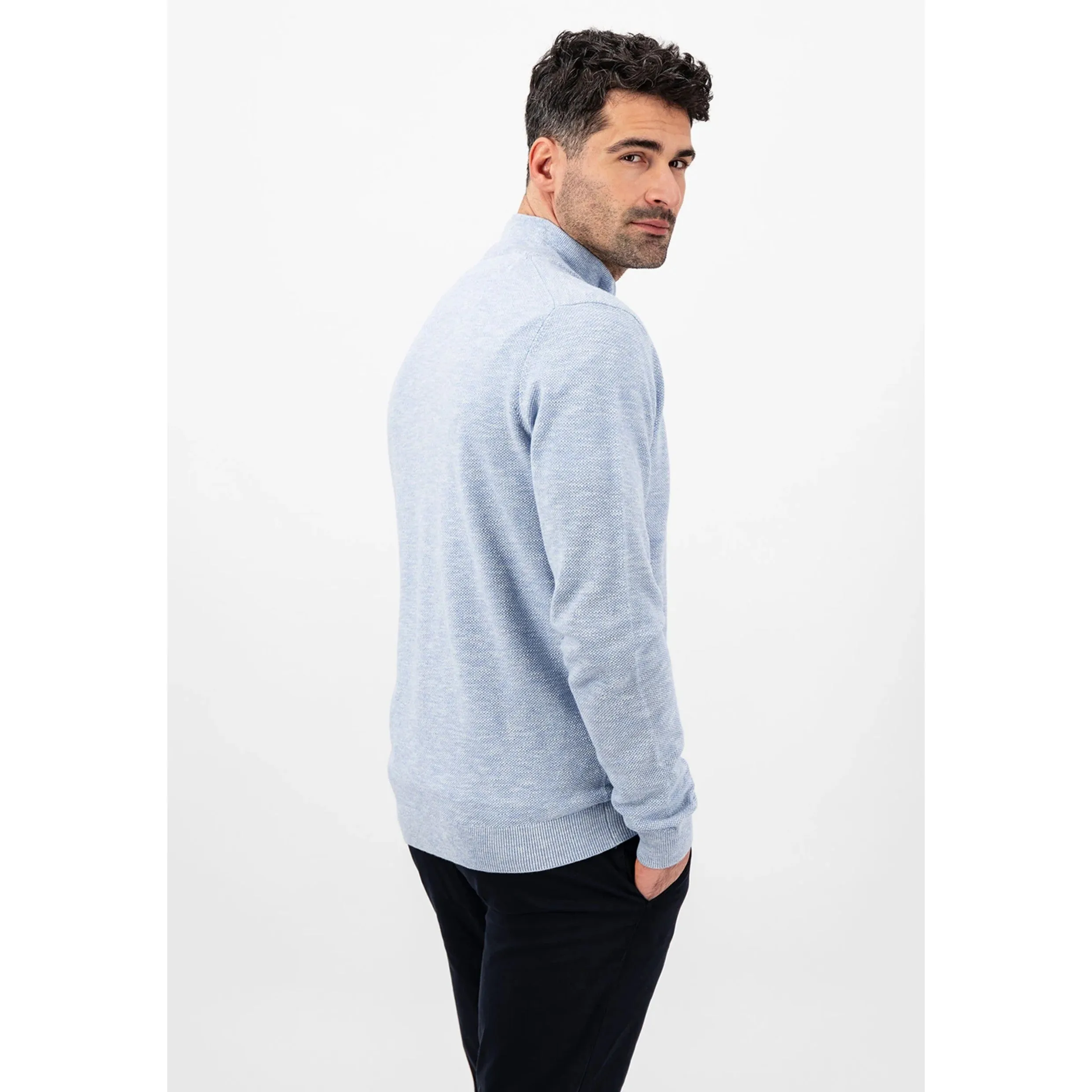 Fynch-Hatton Half Zip Sweater Pure Cotton Crew Neck 1402230 Crystal Blue