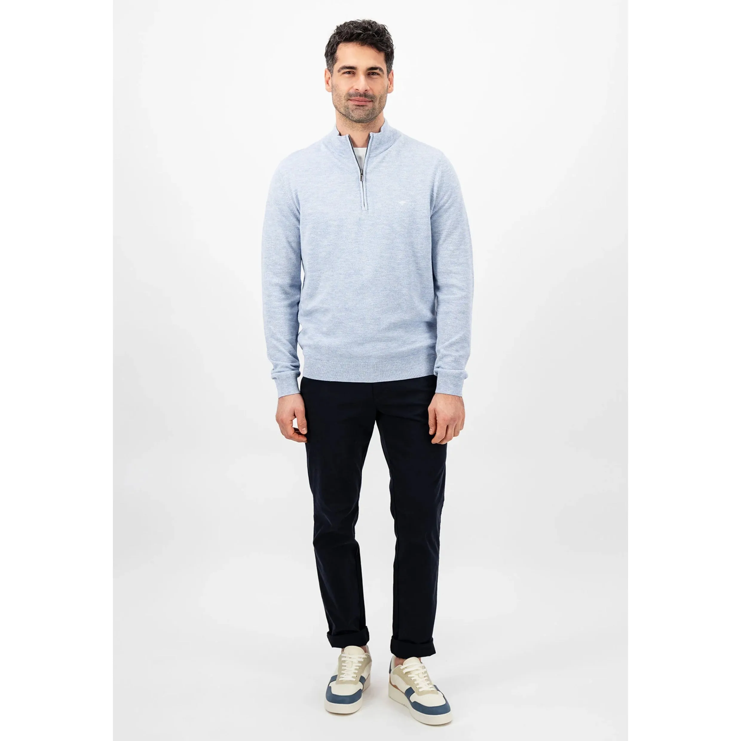 Fynch-Hatton Half Zip Sweater Pure Cotton Crew Neck 1402230 Crystal Blue